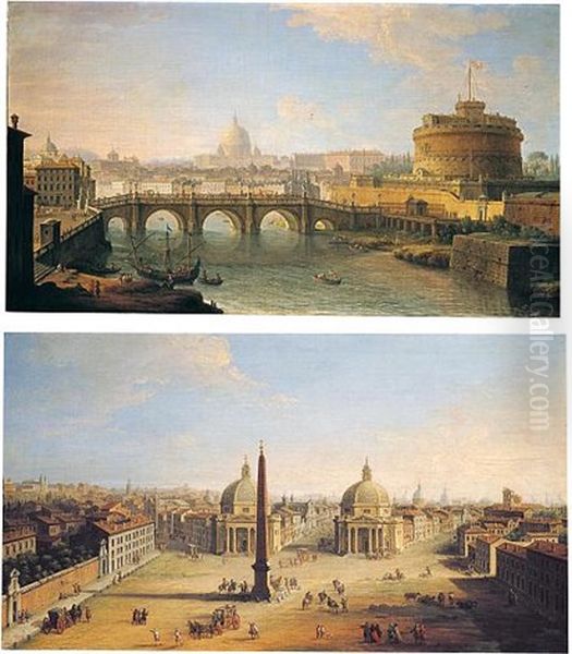 Rome, A View Of The Piazza Del Popolo (+ Rome, A View Of The Tiber With The Ponte And Castel Sant'angelo, St. Peter's Basilica And The Vatican Beyond; Pair) Oil Painting by Antonio Joli