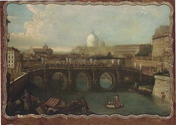 The Tiber, Rome, Looking Downstream With The Castel And Ponte Sant'angelo, Saint Peter's And The Vatican, Santo Spirito In Sassia And The Janiculum Beyond Oil Painting by Antonio Joli