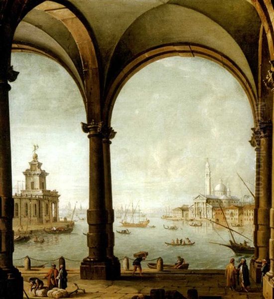 A Capriccio Of The Bacino Di San Marco, Venice, From The Entrance To The Giudecca, With The Punta Della Dogana And San Giorgio Maggiore Through A Vaulted Loggia by Antonio Joli