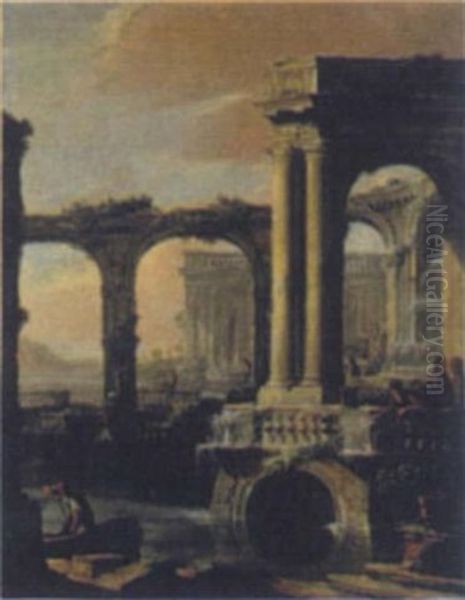 Architectural Capriccio With Waterfalls Oil Painting by Antonio Joli