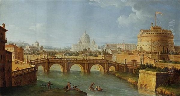 The Tiber, Rome, Looking Downstream With The Castel And Ponte Sant'angelo, Saint Peter's And The Vatican, Santo Spirito In Sassia And The Janiculum Beyond Oil Painting by Antonio Joli