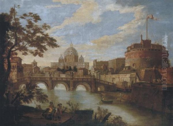 The Tiber, Rome, Looking Downstream With The Castel And Ponte Sant'angelo, Saint Peter's And The Vatican, Santo Spirito In Sassia And The Janiculum Beyond, A Group Of Four Soldiers In The Foreground Oil Painting by Antonio Joli