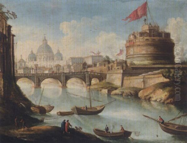 Rome, A View Of The Ponte Sant'angelo And The Castel Sant'angelo With The Basilica Of Saint Peter's Beyond Oil Painting by Antonio Joli