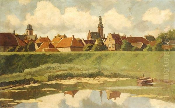 Village Behind A Dyke Oil Painting by Nicolaas Bastert