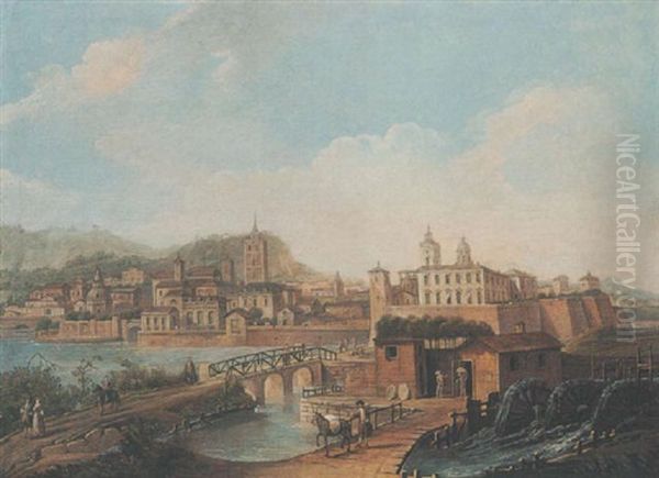 View Of A City By A River, With Figures Crossing A Bridge Before A Water Mill Oil Painting by Antonio Joli