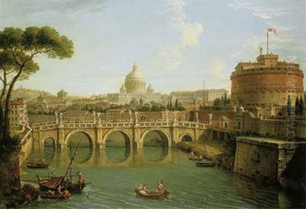 Rome, A View Of The Tiber Looking Downstream With The Castel And Ponte Sant' Angelo, Saint Peter's Basilica And The Vatican, Santo Spirito In Sassia And The Janiculum Beyond Oil Painting by Antonio Joli