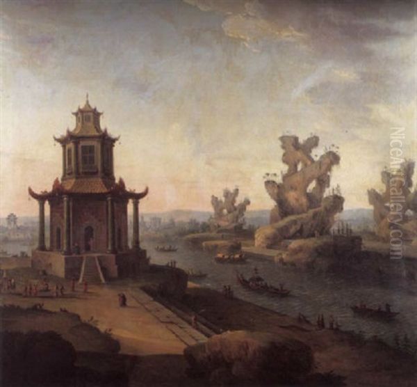 A Capriccio Of A Chinese Landscape With The Pagoda Near Sinkicien In The Province Of Kantum Oil Painting by Antonio Joli