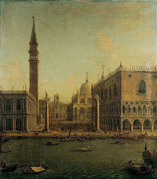 Venice, A View Of The Bacino Di San Marco With The Piazzetta And The Palazzo Ducale Looking North Towards The Torre Dell'orologio Oil Painting by Antonio Joli