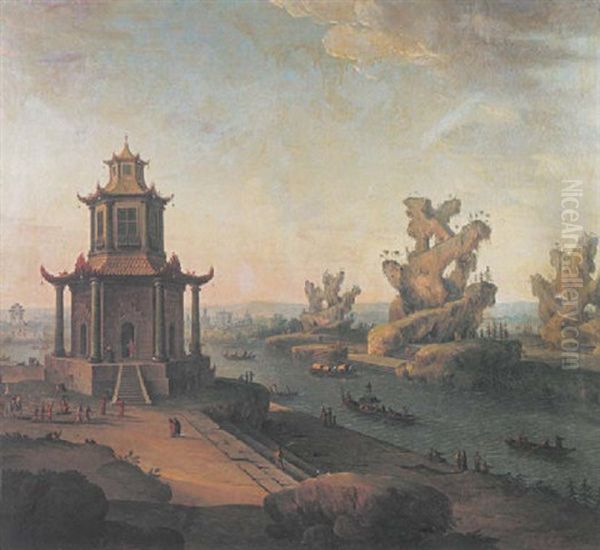 A Capriccio Of A Chinese Landscape With The Pagoda Near Sinkcien In The Province Of Kantum Oil Painting by Antonio Joli