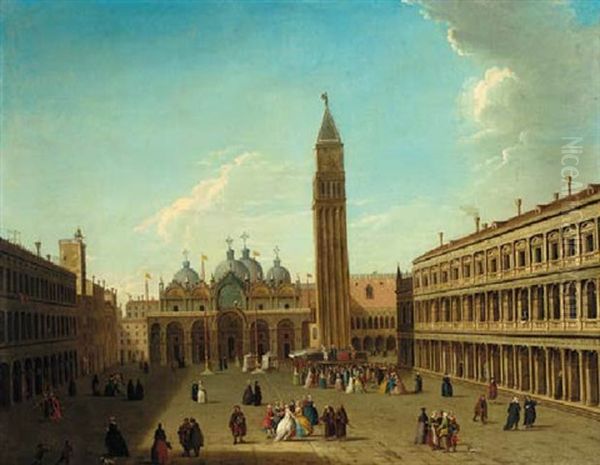 The Piazza San Marco, Venice, Looking East With A Performance Of The Commedia Dell'arte Beneath The Campanile Oil Painting by Antonio Joli