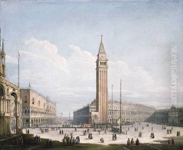 The Piazza San Marco And The Piazzetta, Venice, From The Torre Dell'orologio, With St. Mark's Cathedral, The Doge's Palace,
The Library, The Procuratie Nuove And The Church Of San Geminiano Oil Painting by Antonio Joli