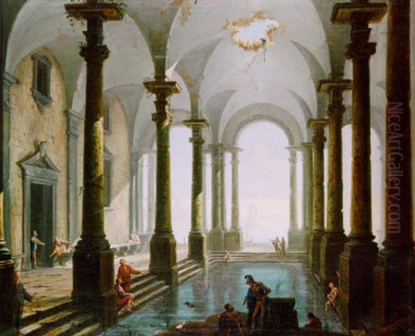 Figures Discoursing By A Bath In A Vaulted Interior Oil Painting by Antonio Joli