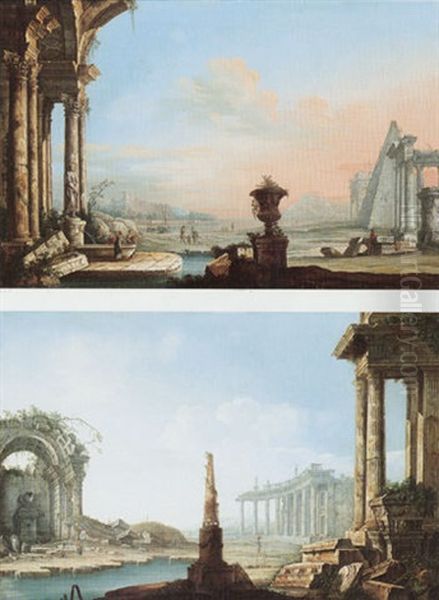 An Architectural Capriccio With Figures Beside A Fountain Before A Ruined Arch, An Amphitheatre In The Distance Oil Painting by Antonio Joli