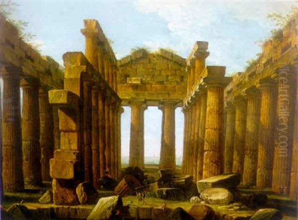 Figures Strolling And Admiring The Temple Of Neptune At Paestum Oil Painting by Antonio Joli