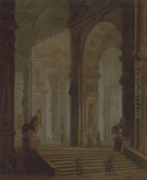 The Interior Of A Classical Building, With Soldiers Guarding The Entrance At The Base Of Steps Oil Painting by Antonio Joli