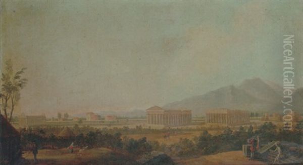 A View Of Paestum, With Grand Tourists In The Foreground Oil Painting by Antonio Joli