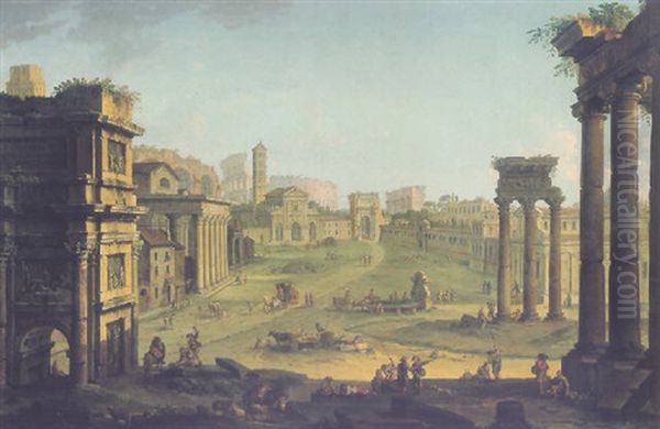 Rome, A View Of The Campo Vaccino Looking Toward S. Francesca Romana And The Arch Of Titus, The Colosseum In The Distance Oil Painting by Antonio Joli