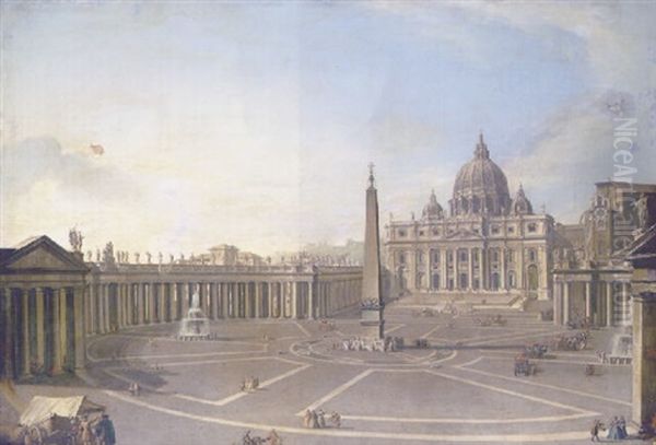 A View Of St. Peter's, Rome With Bernini's Colonnade And A Procession In Carriages Oil Painting by Antonio Joli