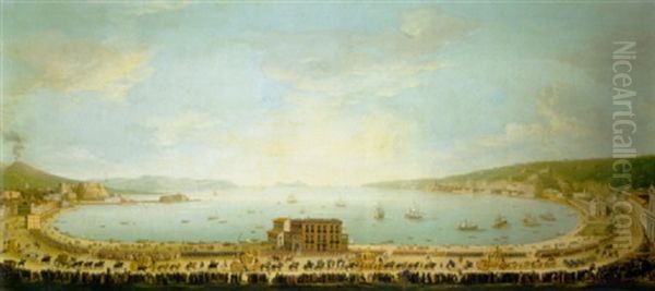 A Panaramic View Of The Bay Of Naples, With The Royal Procession To Piedigrotta Oil Painting by Antonio Joli