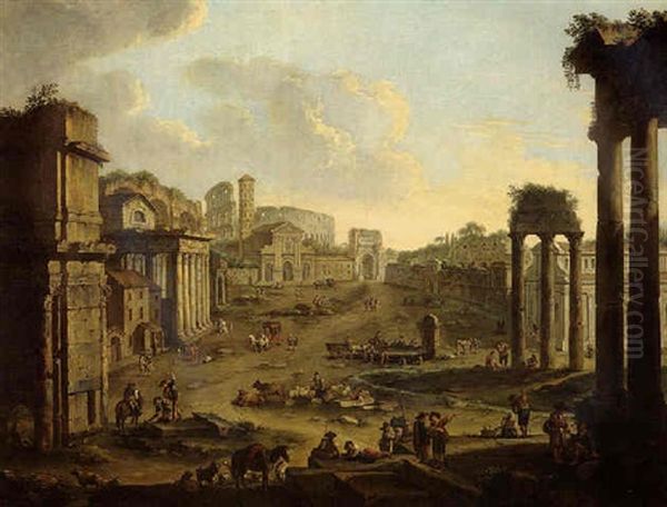 Rome, A View Of The Campo Vaccino, With The Arch Of Titus And The Colossseum In The Distance Oil Painting by Antonio Joli