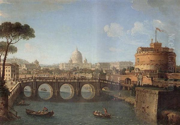 Rome, A View Of The Tiber Looking Downstream With The Castel And Ponte Sant'angelo, Saint Peter's, And Thevatican Oil Painting by Antonio Joli