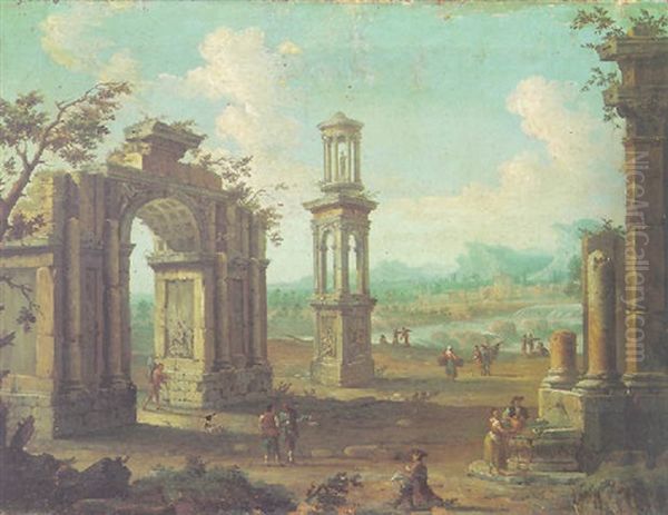 A Capriccio View Of Ruins With An Artist Sketching In The Foreground by Antonio Joli