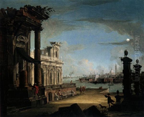 An Architectural Capriccio With Elegant Figures Promenading And Others Gathered On A Jetty Oil Painting by Antonio Joli