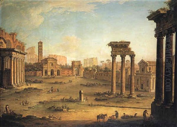 The Campo Vaccino, Rome, Looking Towards S. Francesca Romana And The Arch Of Titus From The Temple Of Saturn Oil Painting by Antonio Joli