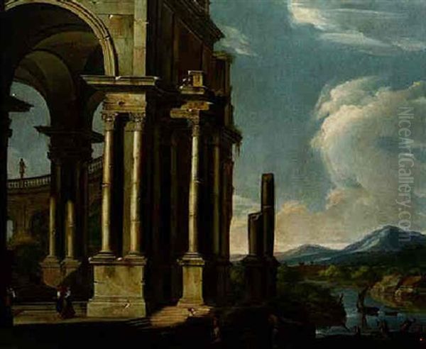 A River Landscape With Figures Strolling Among Classical Ruins Oil Painting by Antonio Joli