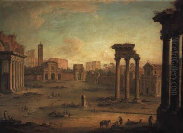 The Campo Vaccino, Rome, Looking Towards S. Francesca Romana Oil Painting by Antonio Joli