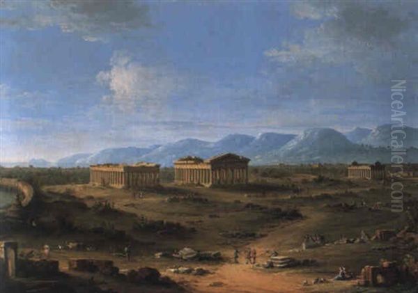 View Of The Ruins At Pestum Oil Painting by Antonio Joli