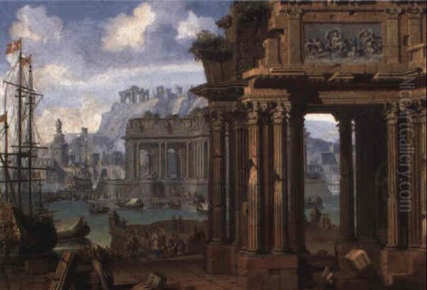 Vue D'un Port De Fantaisie Avec Ruines Antiques Oil Painting by Antonio Joli