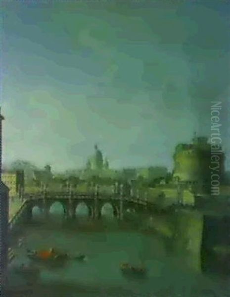 A View Of St. Peter's Rome, The Castel Sant'angelo And The Ponte Sant'angelo...[&] A View Of The Arno... Oil Painting by Antonio Joli