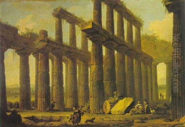 Tourists And Peasants At The Temple Of Hera At Paestum Oil Painting by Antonio Joli