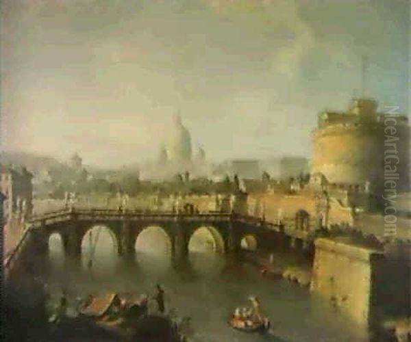 The River Tiber, Rome, Showing The Castle Sant Angelo... Oil Painting by Antonio Joli