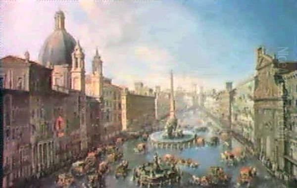 View Of The Flooded Piazza Navona, Rome Oil Painting by Antonio Joli