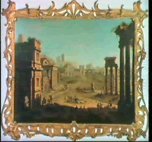 The Campo Vaccino, Rome, Looking Towards S. Francesca       Romana And The Arch Of Titus From The Temple Of Saturn Oil Painting by Antonio Joli