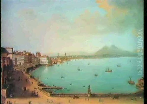 Naples From Santa Lucia; And The Bay Of Pozzuoli With The   Port Of Baia And The Islands Of Nisida, Procida, Ischia Oil Painting by Antonio Joli