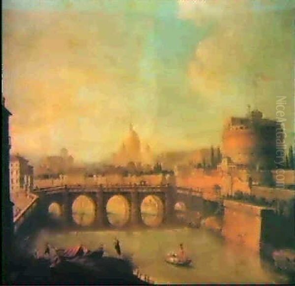 Castel Sant'angelo And Ponte Sant'angelo, Rome, With Saint  Peter's And The Vatican, S. Spirito In Sassia And More Oil Painting by Antonio Joli