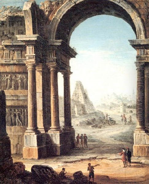 A Capriccio Of Classical Ruins With A Pyramid And Figures Oil Painting by Antonio Joli