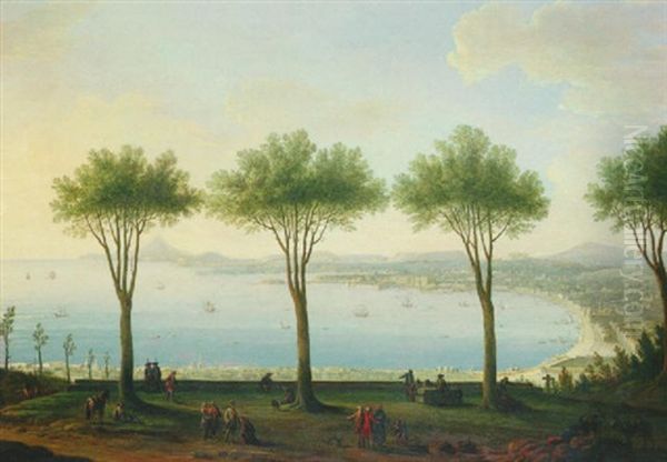 View Of The Bay Of Naples From The South (possibly          Poggioreale), Looking North With A King Of The Bourbon Oil Painting by Antonio Joli