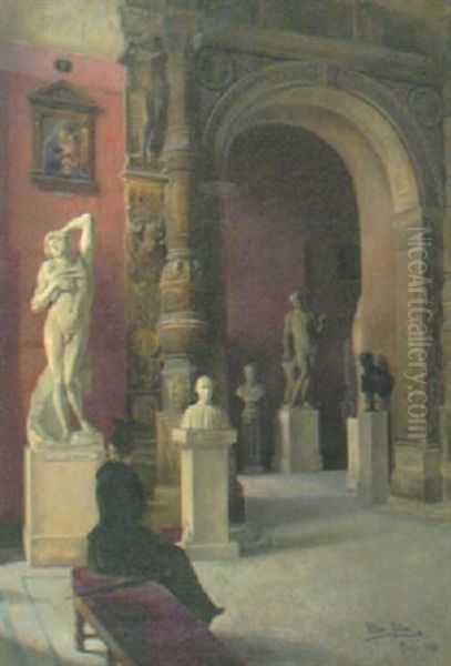 Interior Fran Louvren Med Kvinnlig Betraktare Vid Pietro Da Rhos Portal Med Bl A Hercules Och Perseus, Till Vanster Michelangelos Skulptur Doende Slav Oil Painting by Ellen Jolin