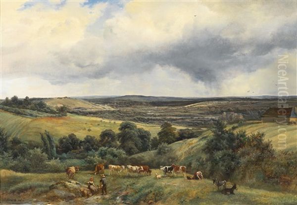 Open Landscape With Herd Of Animals Oil Painting by Andre Jolivard