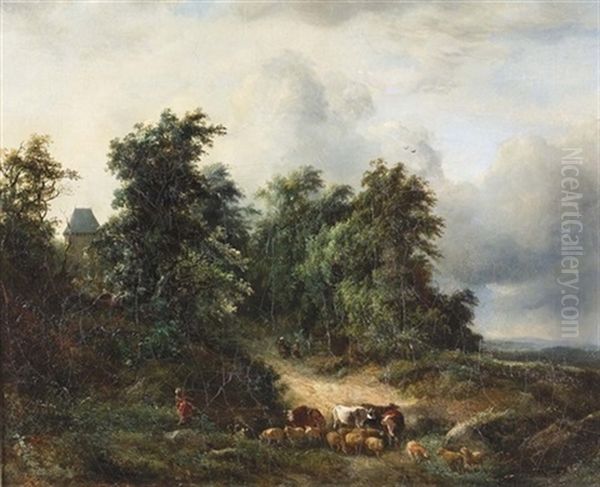 Hirtin Mit Kuhen Und Schafen In Einem Hohlweg Oil Painting by Andre Jolivard