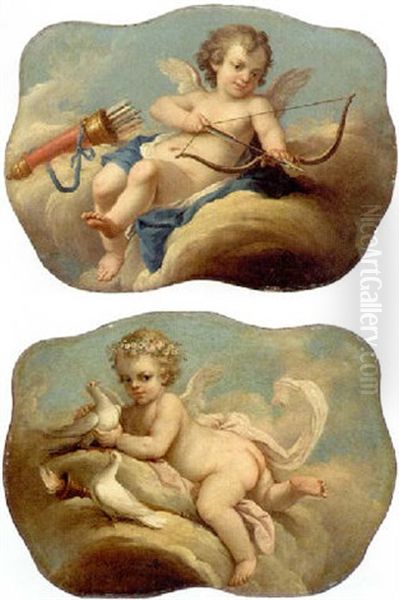 Cupid Seated On A Cloud Holding A Bow And Arrow Oil Painting by Pierre Jollain