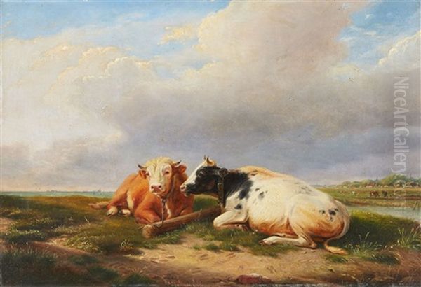 A River Landscape With Two Cows Lying Down Oil Painting by Mary Louisa Jolling