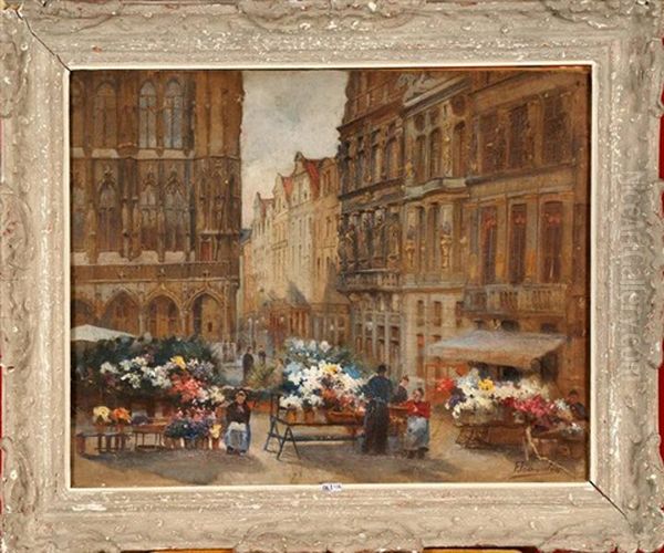 Marche Aux Fleurs A La Grand-place De Bruxelles Oil Painting by Frederic Jomouton