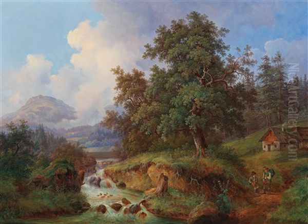 Large Mountain Landscape With Walkers Resting Oil Painting by Josef Jonas