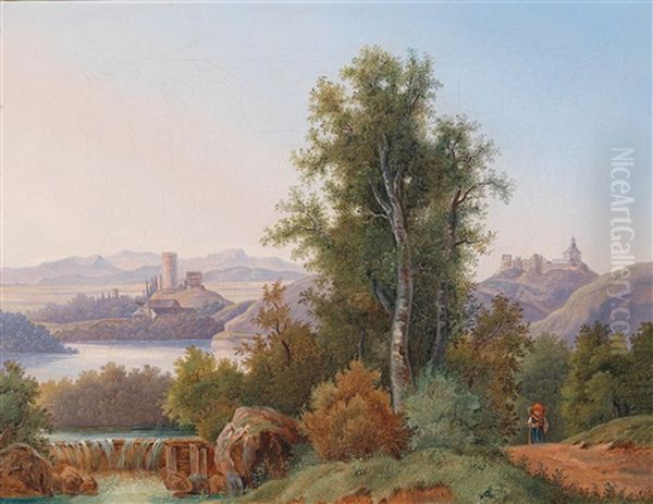 Blick Auf Eine Flusslandschaft Mit Burgruinen (laut Tradition Blick Auf Burg Saaleck Und Die Rudelsburg) Oil Painting by Josef Jonas