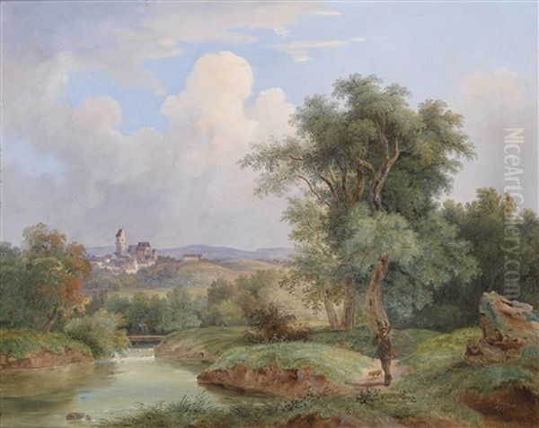 Jager Am Heimweg Vor Weiter Dorflandschaft Oil Painting by Josef Jonas